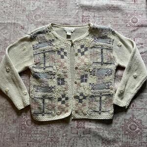 Vintage 90s Hand-Knit Pastel Patchwork Cardigan